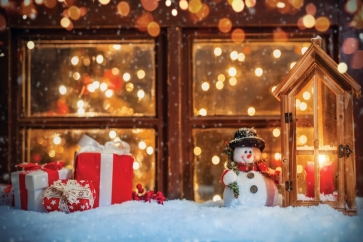 Snow Covered Glass Windows Snowman Christmas Party Backdrop Stage Photography Background