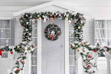 Christmas Tree Branch Garland Decoration White Wood Door Christmas Party Backdrop Photography Background