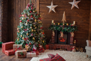 Wood Wall Fireplace Christmas Tree Backdrop Party Stage Photography Background