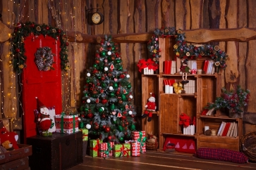 Retro Wood House Christmas Tree Backdrop Photo Booth Stage Photography Background