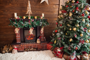 Retro Wood Wall Christmas Tree Fireplace Backdrop Photo Booth Stage Photography Background