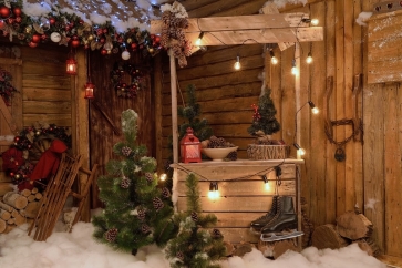 Outdoor Wood House Christmas Backdrop Photo Booth Stage Decoration Photography Background