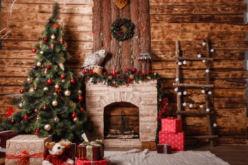 Retro Wood Wall Christmas Tree Fireplace Backdrop Stage Decoration Photography Background