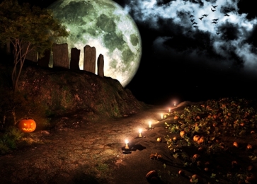 Scary Night Skull Pumpkin Candles Road Cemetery Halloween Photo Backdrops