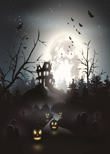 Full Moon Ghost Castle Pumpkin Lanterns Bats Halloween Party Background Photo Backdrops