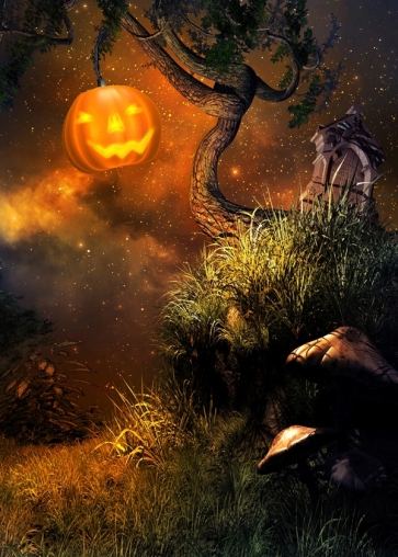 Yellow Skull Pumpkin Lantern on the Tree in Fairy Tale Halloween Photo Backdrops