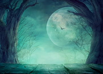 Full Moon Withered Trees Wood Floor Halloween Party Background Backdrops for Photography