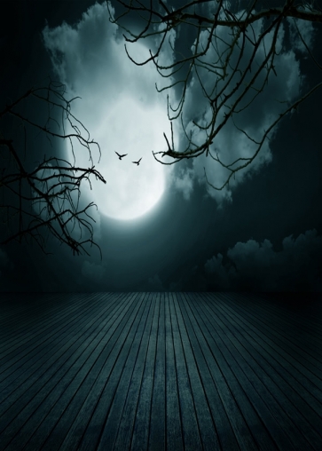 Full Moon Withered Trees Wood Floor Scenic Photography Background for Halloween Party