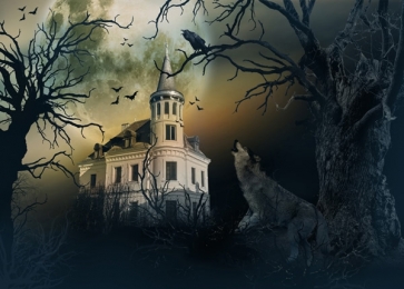 Scary Night Ghost Castle Wolf Crow Withered Trees Halloween Party Background Backdrops