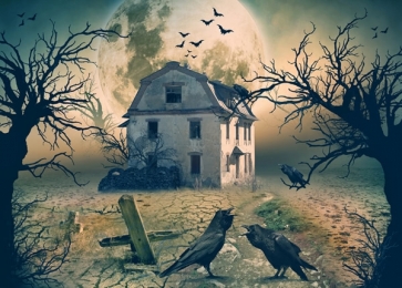 Full Moon Ghost House Crows Bats Withered Trees Halloween Party Backdrops
