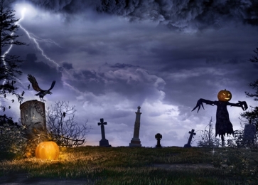 Scary Night Skull Pumpkin Crow Tombs Cemetery Halloween Photo Backdrops