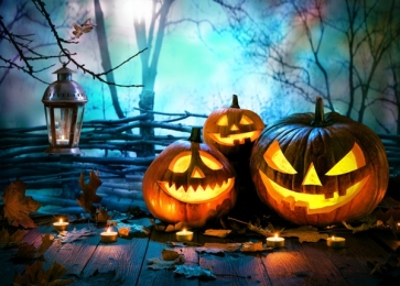 Skull Pumpkin Lanterns on Wood Floor Halloween Decorations Backdrops