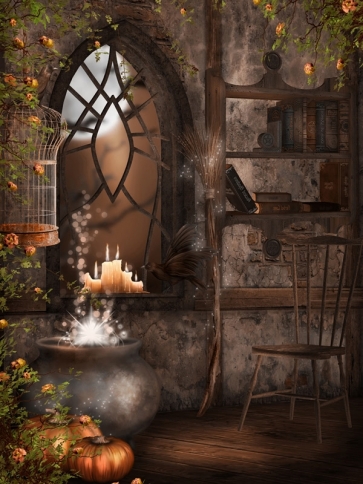 Indoor Witch Room Candles Pumpkins Halloween Party Decorations Backdrops