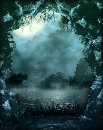 Scary Cave Lake Moon Theme Halloween Backdrop Party Background Decoration Prop