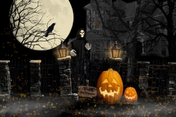 PumpkinTheme Scary Skeleton Skull Halloween Party Backdrop Stage Background Decoration Prop
