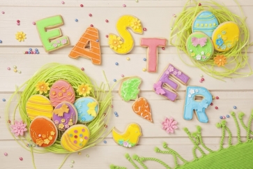 Easter Eggs Letters EASTER Flowers on White Wood Floor Vinyl Photography Studio Background
