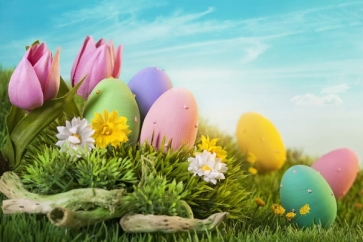 Easter Eggs Lily Flowers on Grassland Vinyl Photography Backdrops