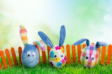 Easter Egg Bunny Leaning on Fence on Grassland Photography Studio Background
