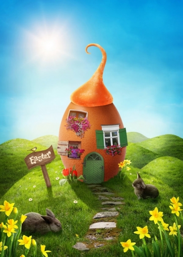 Easter Bunny on Grassland Easter Egg House Photography Studio Background
