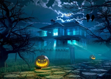 Ghost House Scary Night Skull Pumpkins  Halloween Backdrop Party Background