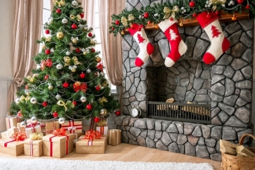 Stone Fireplace Christmas Tree Gift Box Christmas Party Backdrop