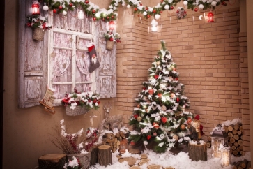 Brick Wall Background Covering Snowflakes Christmas Tree Kid & Baby Christmas Backdrops