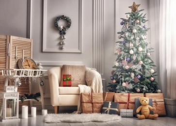 Wood Floor Wall Sofa Gift Box Christmas Tree Christmas Background