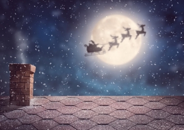 Flying Reindeer Sleigh Above Foof Chimney Christmas Backdrops For Stage