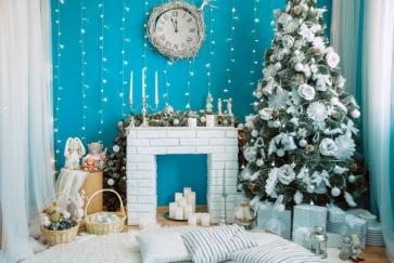 Blue Wall Background White Brick Fireplace Christmas Tree Christmas Backdrops