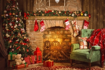 Retro Stone Fireplace Backdrops Christmas Tree Christmas Background
