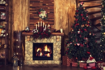 Retro Stone Fireplace Christmas Tree Backdrops Christmas Background