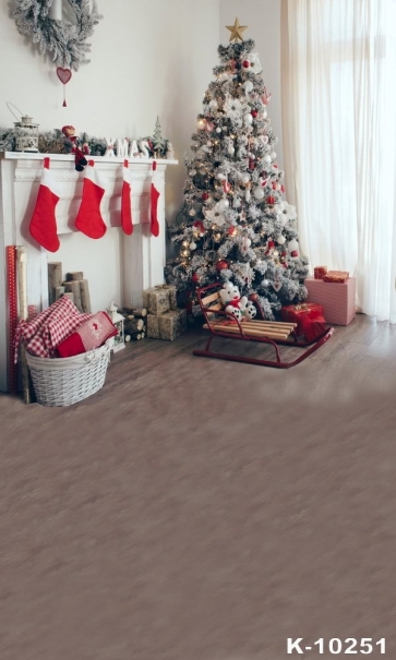 Fireplace White Christmas Tree Hat Gift Box Christmas Backdrop