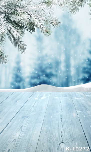 Snow Covered Tree Branch Wooden Floor Christmas Photography Backdrops 