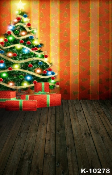  Wooden Floor Red Gift Box Christmas Tree background