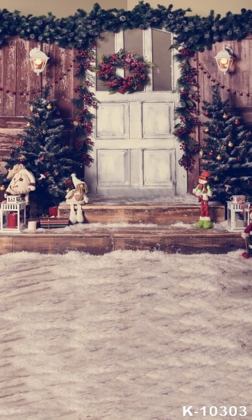 Wood Door With Christmas Trees On Both Sides Christmas Background