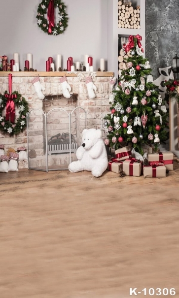 Brick Fireplace Wood Floor Christmas Tree Background