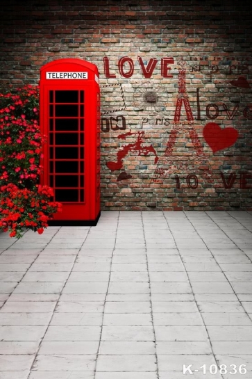 Red Telephone Booth Stone Floor LOVE Brick Wall Backdrops