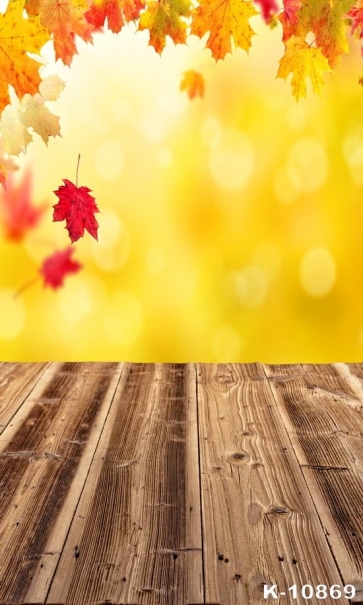 Red Maple Leaves Yellow Background Wood Floor Photo Prop Background