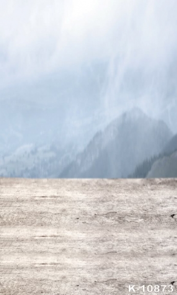 Gloomy Day Mountains Blurred Background Wood Floor Picture Backdrops