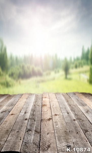 Green Mountain Trees Blurred Background Wood Floor Drop Background