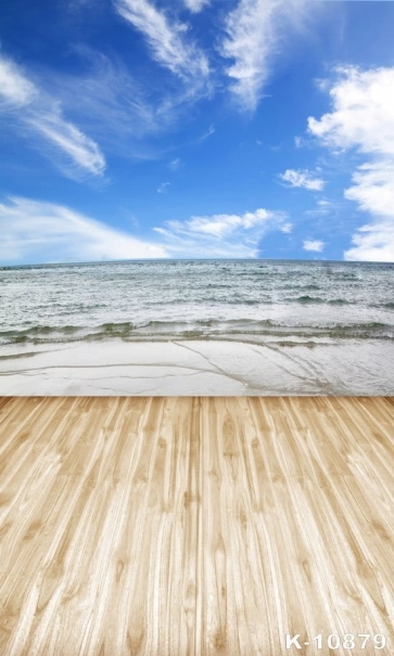 Blue Sky Sea Waves Seaside Wood Floor Picture Backdrop