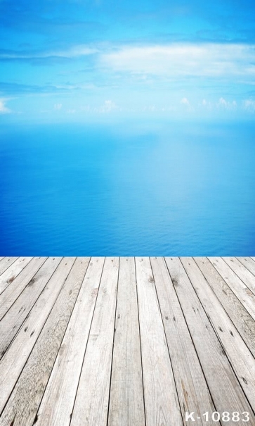 Blue Sky Sea Scenic Wood Floor Photo Wall Backdrop