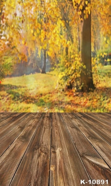 Autumn Yellow Forest Trees Rustic Wood Floor Photo Backdrops