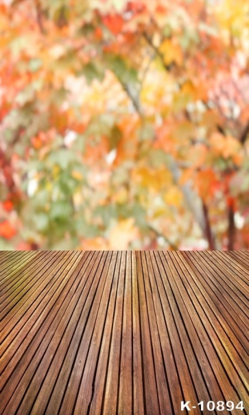 Blurred Red Leaves Background Wood Floor Picture Backdrop  