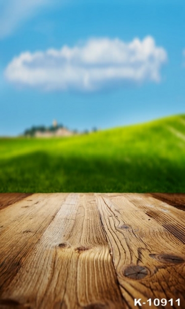 White Clouds above Green Grassland Wood Photo Drop Background