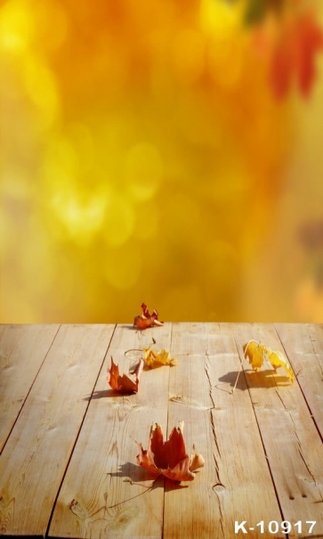 Yellow Blurred Background Fallen Leaves on Wood Floor Picture Backdrop