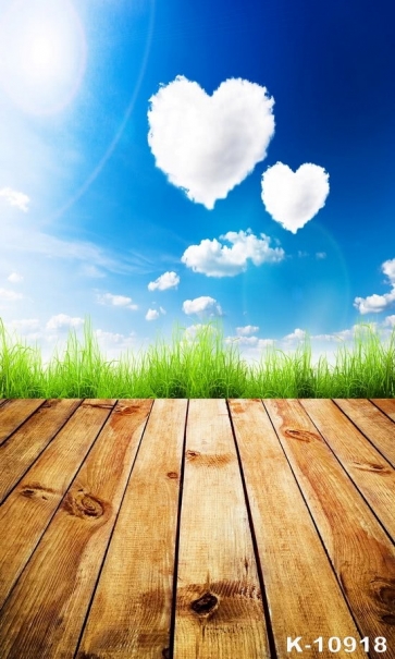 Blue Sky White Heart Shaped Clouds Green Grass Wood Photographic Backdrops