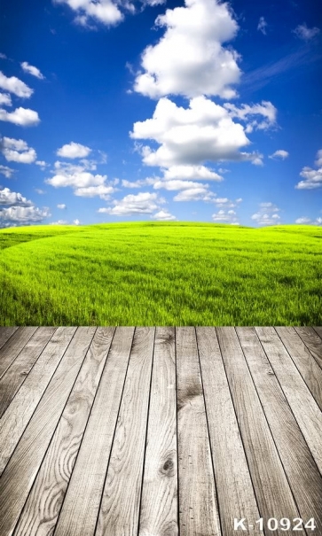 Blue Sky White Clouds Green Grassland Wood Floor Scenic Picture Backdrop