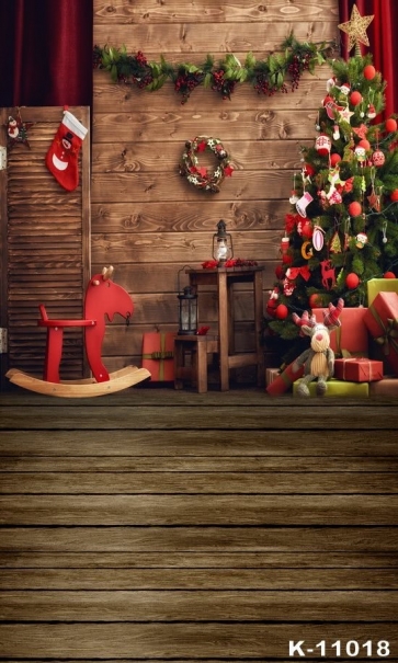 Indoor Wood House Christmas Tree Gifts Hobbyhorse Vinyl Photo Backdrops