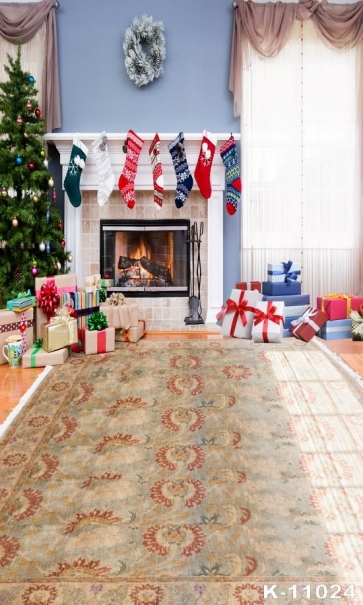 Indoor Living Room Fireplace Christmas Tree Gifts Stockings Wall Photo Backdrops